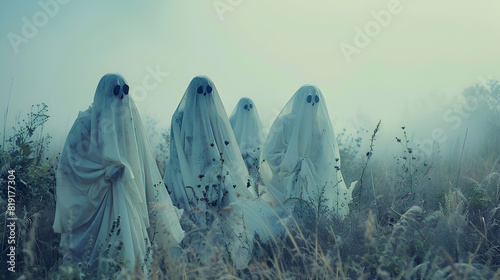 A group of friends dressed as ghosts, playing in a foggy field