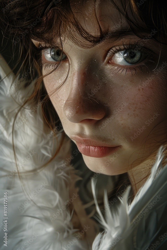 Close up shot of a woman wearing a feather headpiece, perfect for fashion or beauty concepts Close up shot of a woman wearing a feather headpiece, perfect for fashion or beauty concepts
