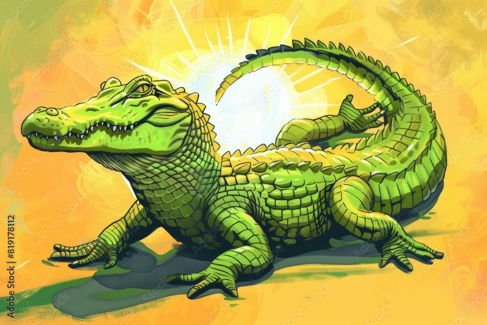 Fototapeta premium A drawing of a green alligator on a yellow background. Suitable for children's books or educational materials