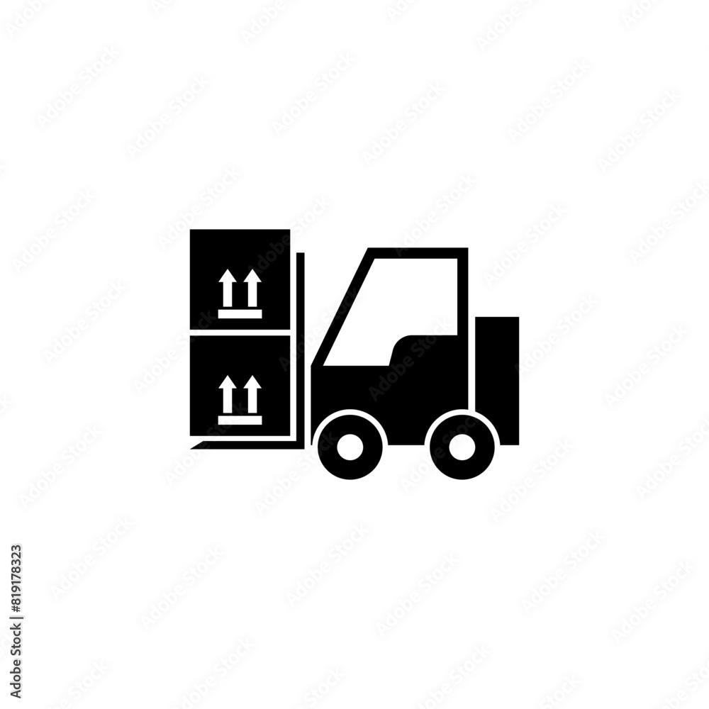 A simple black and white icon depicting a forklift, a common industrial vehicle used for moving and transporting cargo and materials. A simple black and white icon depicting a forklift, a common industrial vehicle used for moving and transporting cargo and materials.