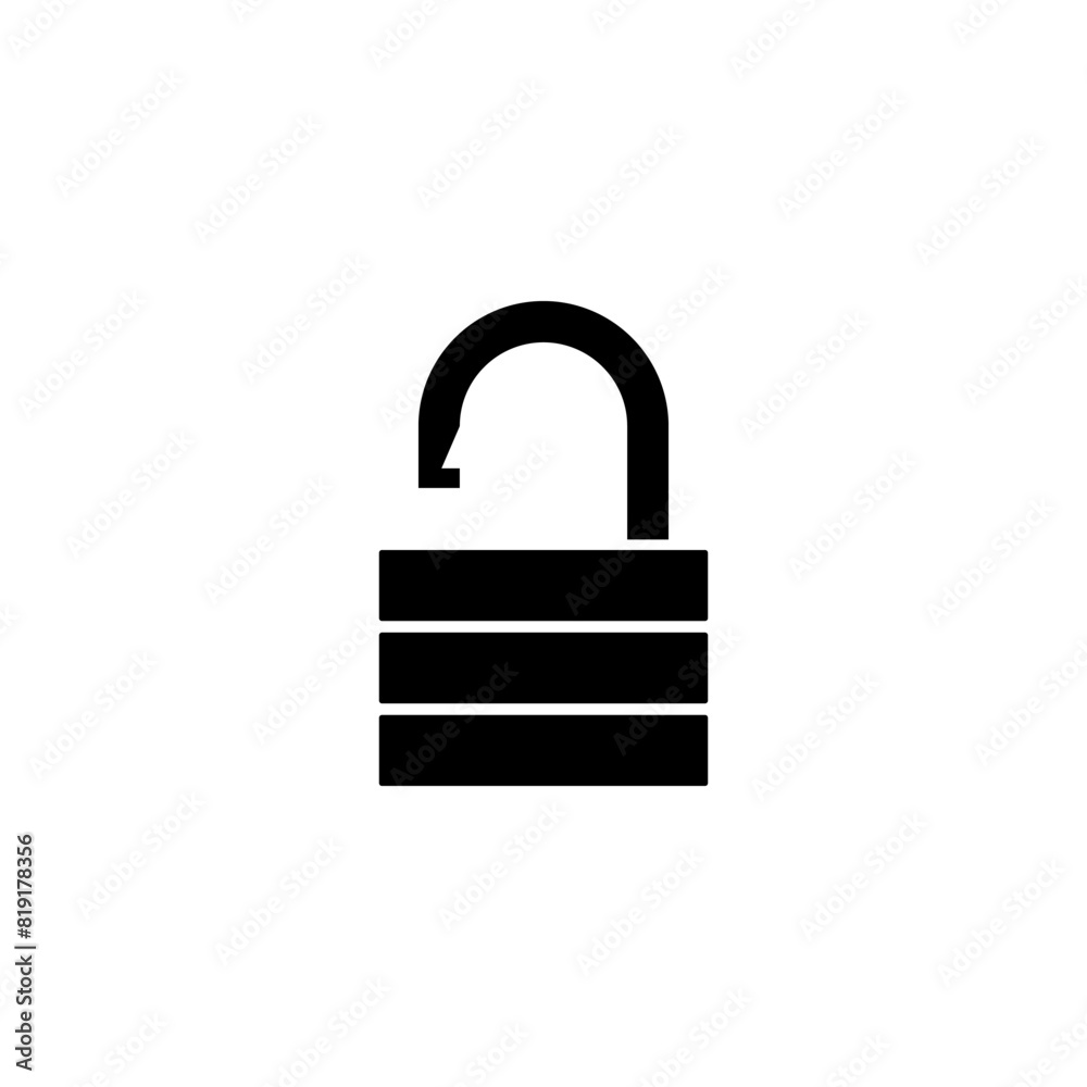 A simple black silhouette of an unlocked padlock, representing the concepts of access, freedom, and security being open or released. A simple black silhouette of an unlocked padlock, representing the concepts of access, freedom, and security being open or released.