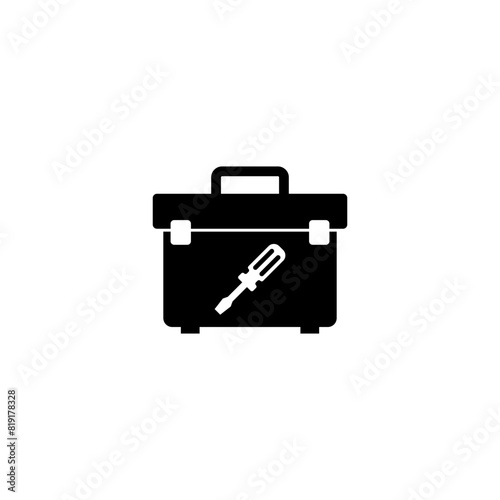 Black and white icon of a toolbox with a screwdriver symbol, representing tools and maintenance, isolated on a white background