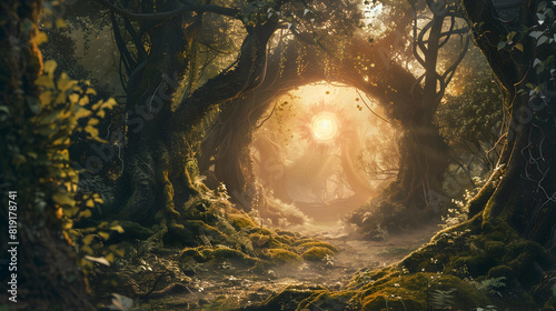 art of a magical portal in the middle of an enchantic spectacula fantastic forest 