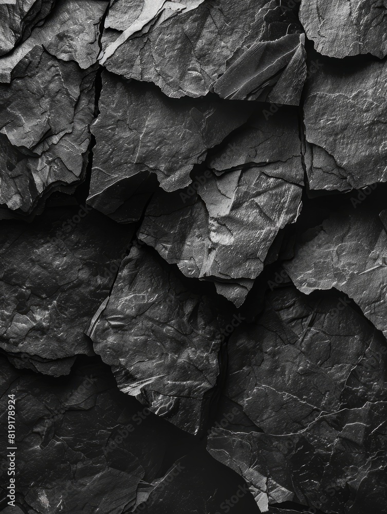 Dark grey stone texture background. Natural pattern of black rock surface,pile of charcoal isolated on black background. top view,black crumpled paper background texture