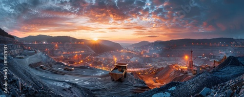 Panoramic view of a bustling surface mining operation during sunset, highlighting the intricate dance of man and machine.