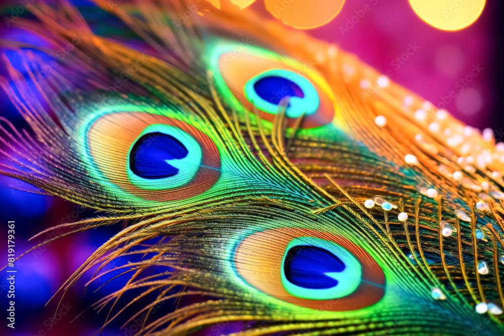 Obraz premium A close up of a peacock feather with a blue center. The feather is surrounded by green leaves and branches. Concept of natural beauty and tranquility
