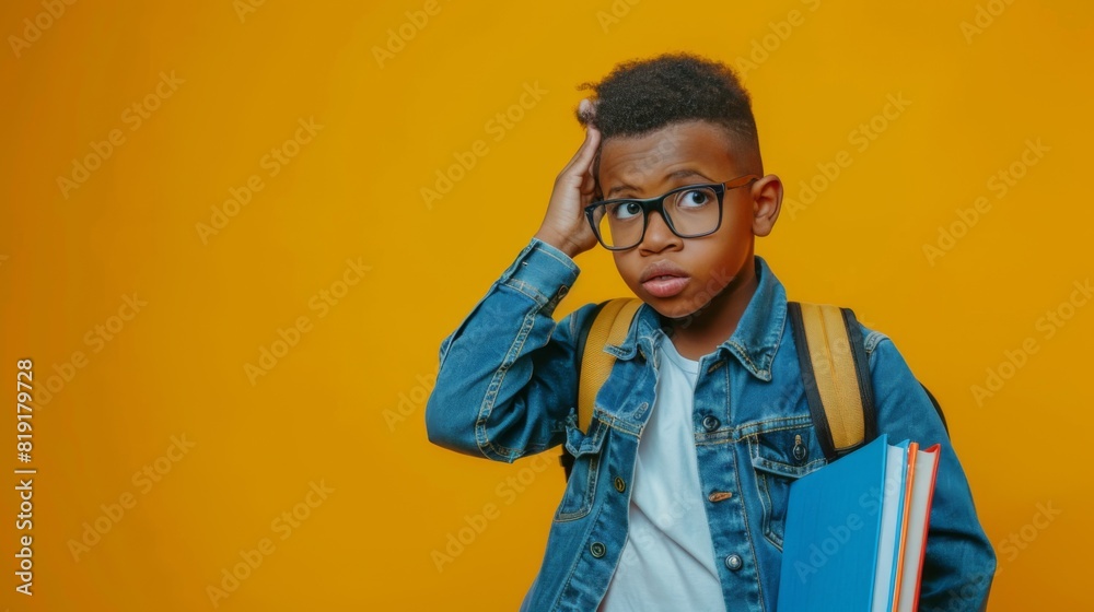 Obraz premium Boy With Books Thinking Hard