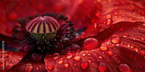 Macro view of a water droplets on red poppy flower.