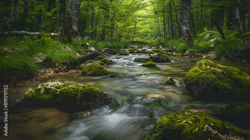 Capture the essence of a babbling brook in a remote forest  where the water dances over mossy rocks in a peaceful  secluded setting. 