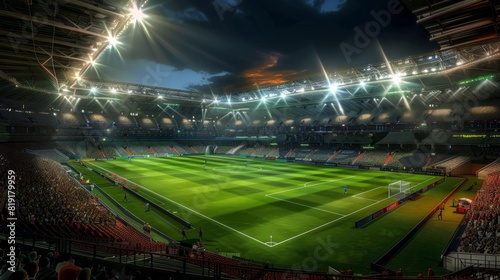 Nighttime soccer match in a brightly lit, vibrant stadium with a pristine green field © Business Pics