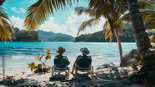 Retired traveling couple resting together on sun loungers during beach vacations on a tropical island