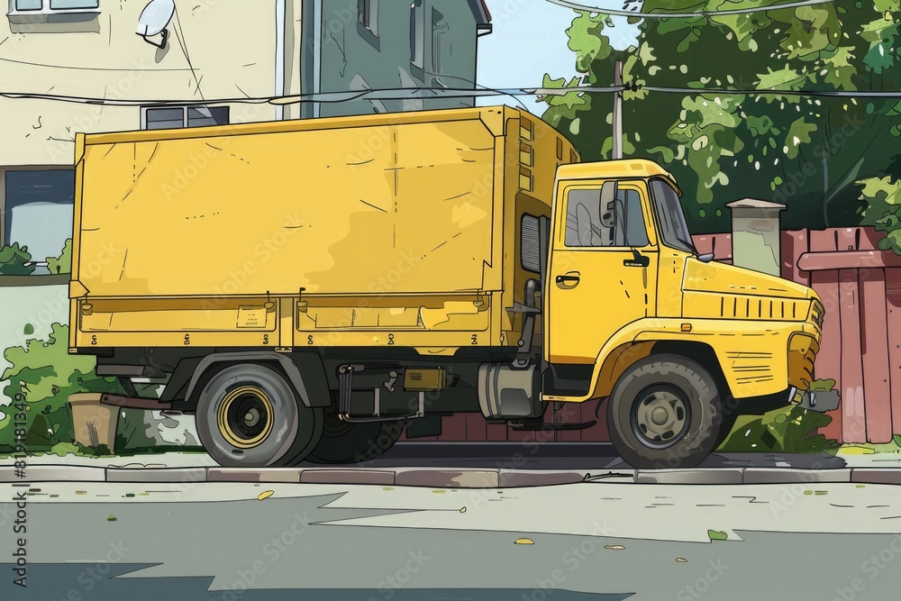 Naklejka premium A yellow truck parked on the side of the road. Suitable for transportation concepts