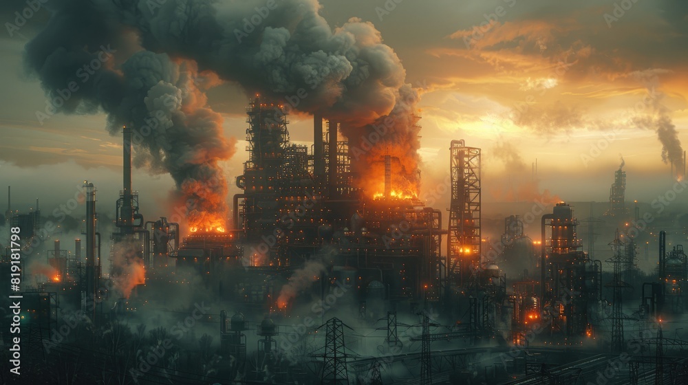 Fototapeta premium Large industrial plant emitting pollutants into the air. A polluted horizon filled with thick smog.