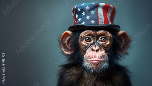 A joyful monkey wearing a miniature top hat with the US flag