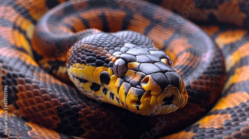 Close up of a snake's head on a surface. Perfect for educational materials or wildlife presentations