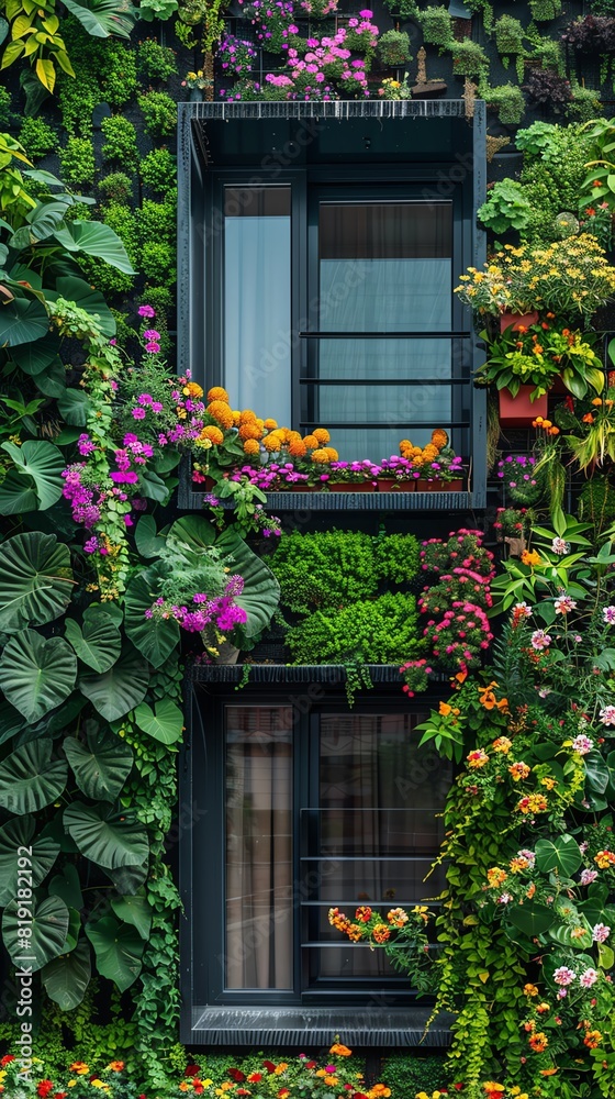 Fototapeta premium A lush vertical garden on an urban building window, with a mix of green plants and colorful flowers