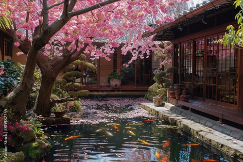 A serene Japanese garden with cherry blossoms, koi ponds, and elegant bonsai trees © Pattanan