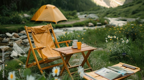 Outdoor camping scene. Table, chairs and magazines on the table. Background. Modern tent. Mountain camping, mountains, valleys, rocks, dirt trails, wildflowers