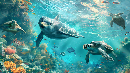 the world of marine life, with an artistic portrayal of dolphins and sea turtles in their natural habitat, a celebration of oceanic wonders 