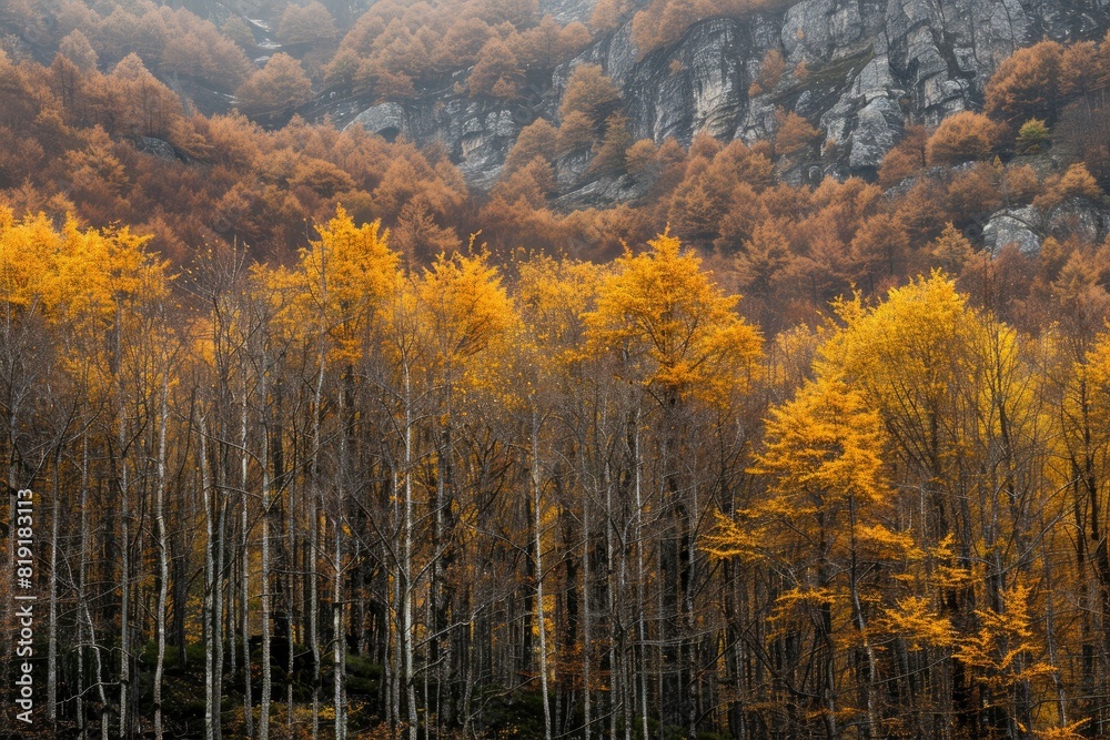 Abstract background of trees with golden leaves growing in woods in fall season in ordesa national park in spain - Generative ai