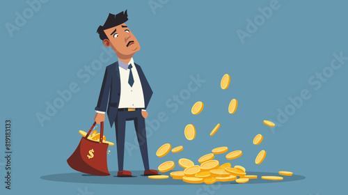  Foolish Businessman Holds Leaking Bag of Coins, Symbolizing Economic Crisis, Recession, Bankruptcy, and Financial Mismanagement photo