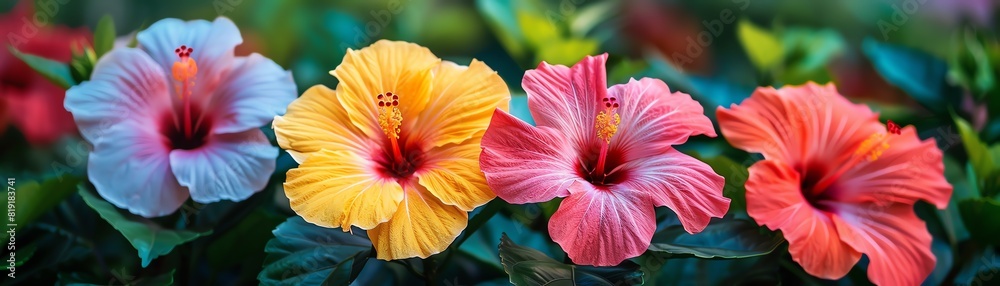 4 vibrant hibiscus flowers garden in a tropical setting, with large, colorful hibiscus flowers