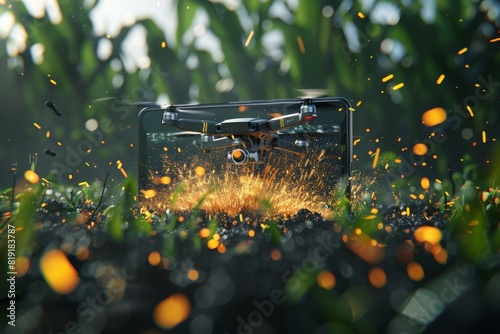 Agriculture with smart farming techniques in farm drone management for efficient crop-dusting and crop spraying using drone technology in 8K agriculture 4.0 precision.