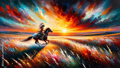 A Native American man on a horse abstract oil painting