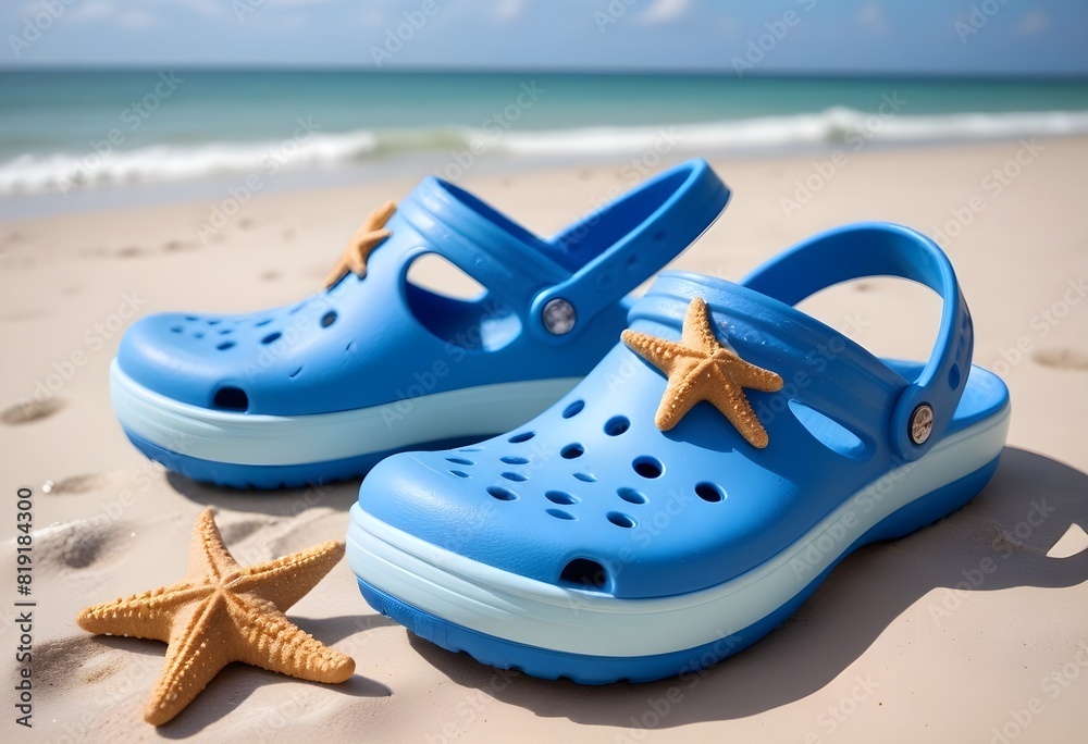 Obraz premium A pair of blue crocs-style sandals on a sandy beach , with orange starfish decorations on them