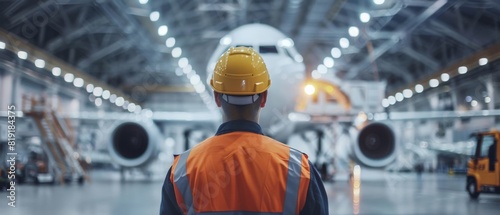 An aircraft maintenance engineer looking at a wide-body passenger plane in a hangar