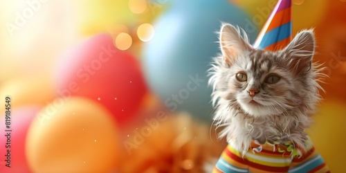 A whimsical cat dog in party clothes against a colorful backdrop. Concept Whimsical Pets, Party Attire, Colorful Backdrop, Playful Pose