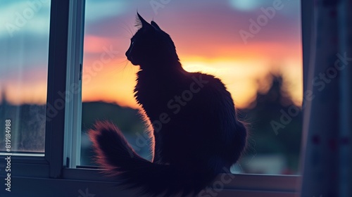 A sleek black cat perched on a windowsill, silhouetted against the backdrop of a colorful sunset, its tail swishing lazily as it gazes out at the evening sky. 32k, full ultra hd, high resolution photo