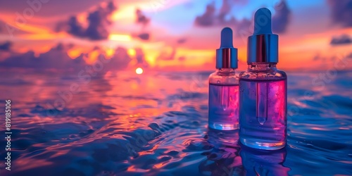 Glass bottles of collagen peptides serum reflecting sunset on ocean background. Concept Beauty Products, Collagen Skincare, Ocean Sunset, Glass Bottles, Natural Ingredients photo