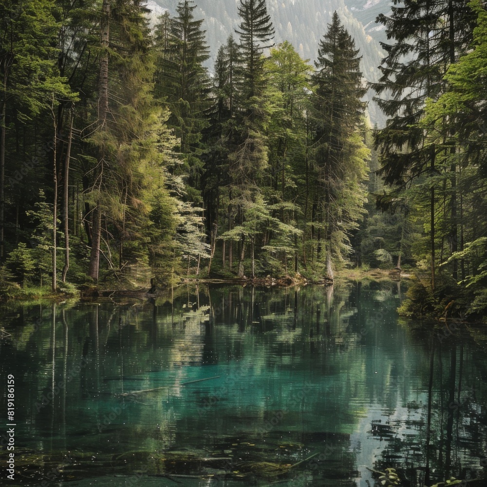 Lake in forest. Nature background geneerated by AI