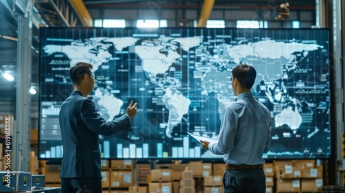 A global supply chain network map displayed on a large screen, with logistics experts discussing and planning the movement of goods across various countries and continents
