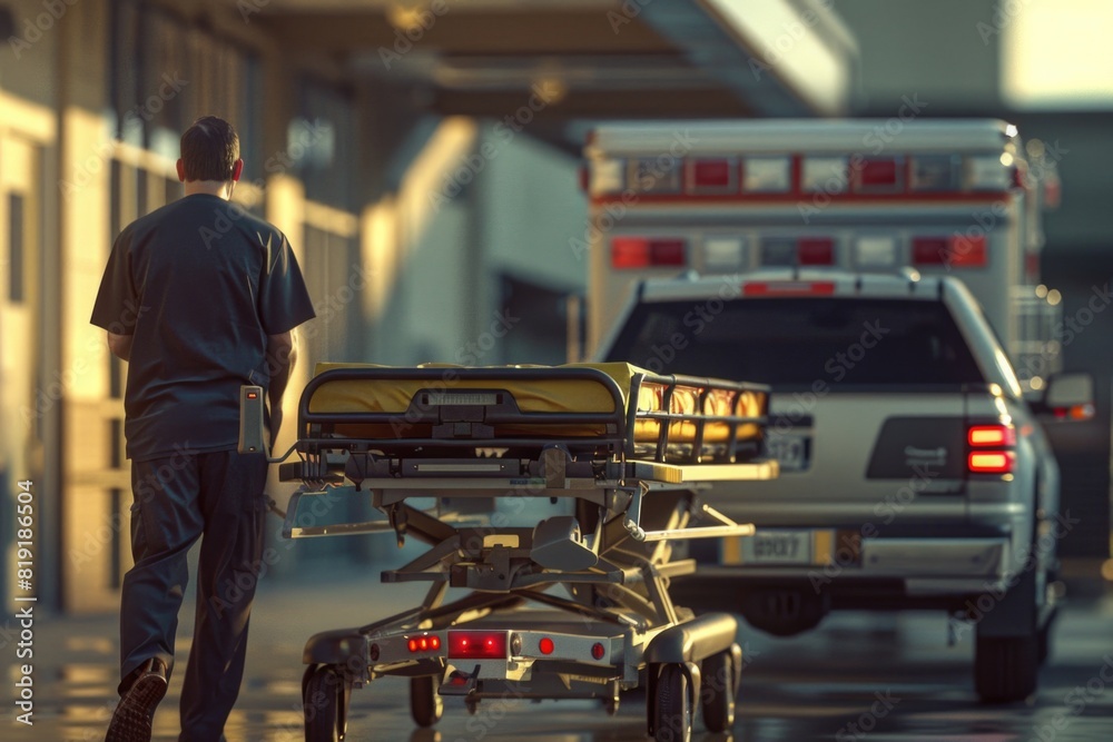 A man standing next to a stretcher with an ambulance in the background. Suitable for medical and emergency concepts A man standing next to a stretcher with an ambulance in the background. Suitable for medical and emergency concepts