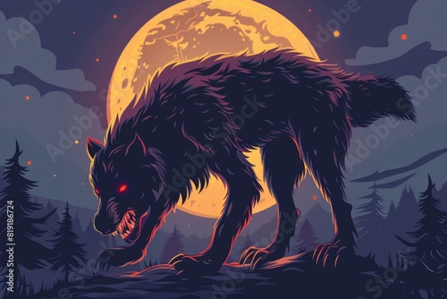 A wolf walking under a full moon. Suitable for wildlife or Halloween themes