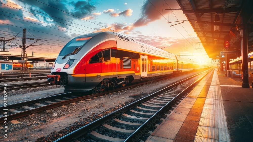 Naklejka premium Scenic train travel in beautiful city with stunning nature views and railway station