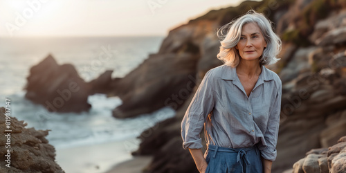 60-year-old woman with silver hair on a beach, dressed in sustainable linen attire against rocky seascapes at sunset. Concept of affluent retirement, pension travel, travel insurance photo