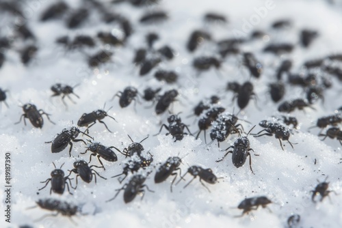 Black bugs walking across a snowy landscape. Suitable for winter themes