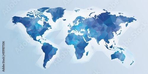 Digital art of stylized low-poly world map in shades of blue. World map icon with blue color show continent and country. Abstract representation for global connectivity and geography theme. AIG35.