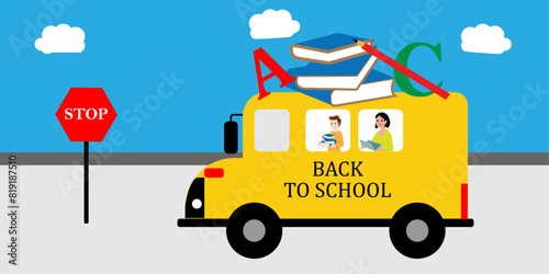 School bus arriving with school accessories and books on blue sky background Illustration.
