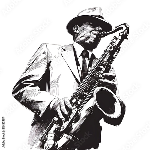 Jazz musician playing a saxophone  transporting viewers to the golden age of music  sketch engraving  black and white  PNG Illustration