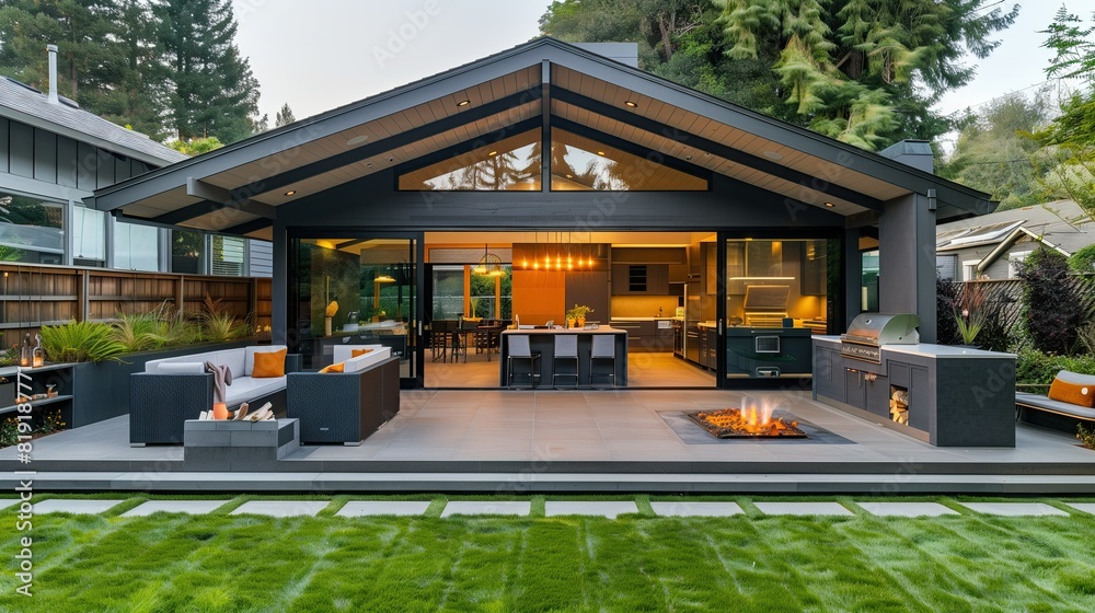 Photograph of a modern American style home, barbecue area, natural light, real photo.