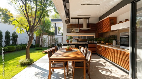 Photograph of a modern American style home, barbecue area, natural light, real photo. photo