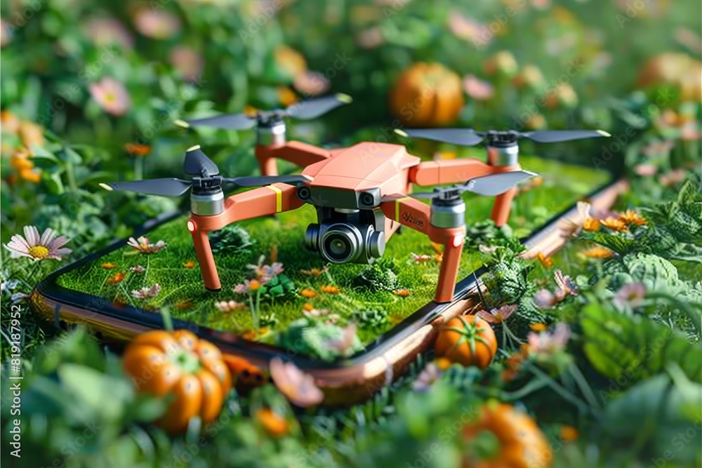 Isometric vector for agriculture automation using drone technology in pesticide spraying for advanced farming and crop husbandry with structured farm planning. Isometric vector for agriculture automation using drone technology in pesticide spraying for advanced farming and crop husbandry with structured farm planning.