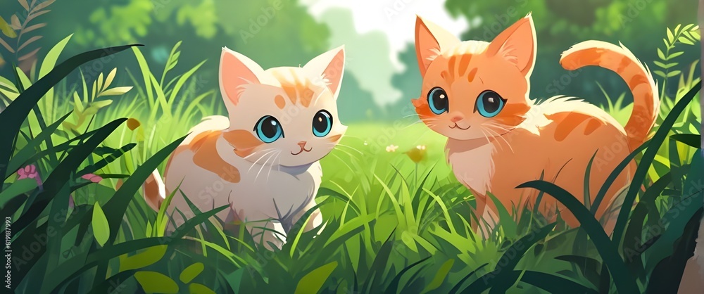 Two cats in the grass, cute animal book for children. Generative AI Two cats in the grass, cute animal book for children. Generative AI