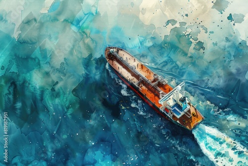 A serene painting of a boat floating in the vast ocean. Ideal for nautical themes © Ева Поликарпова