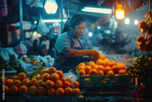 A woman standing in front of a pile of oranges  suitable for food and healthy lifestyle concepts