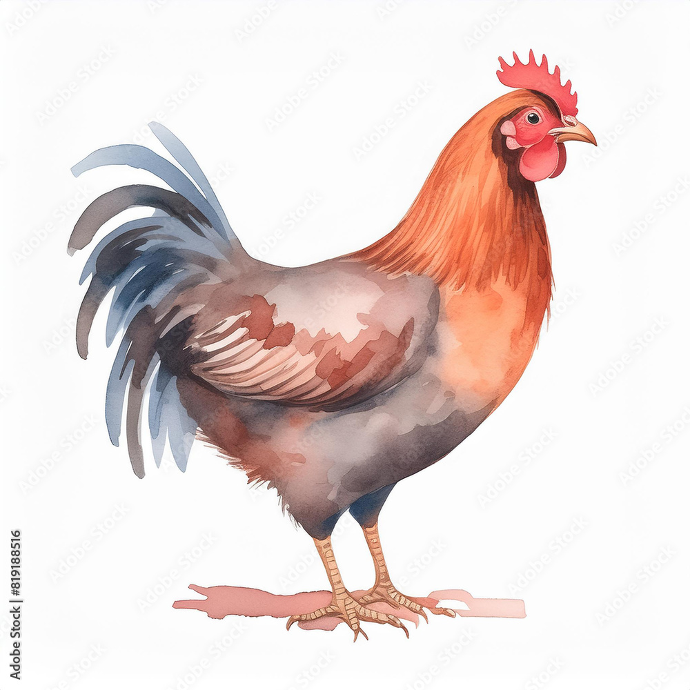 Fototapeta premium Watercolor painting of farm chicken, hen. Poultry, domestic bird. Hand drawn art isolated on white
